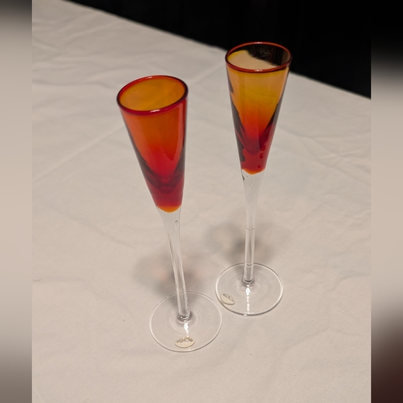 Mid Century Modern Dainty Candlestick Holder Set In Orange and Clear Glass - Picture 2 of 6